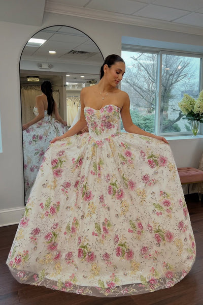 Strapless Ivory Floral Sequin A-line Long Dress