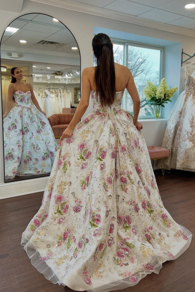 Strapless Ivory Floral Sequin A-line Long Dress