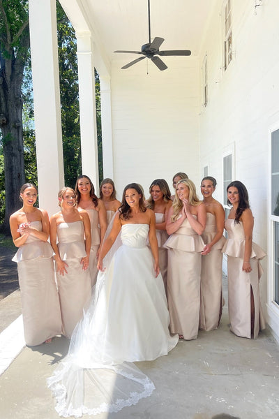 Strapless Ivory Ruffle Peplum Column Bridesmaid Dress