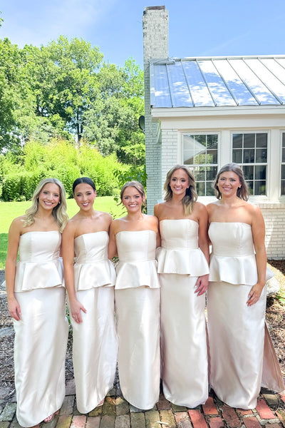Strapless Ivory Ruffle Peplum Column Bridesmaid Dress