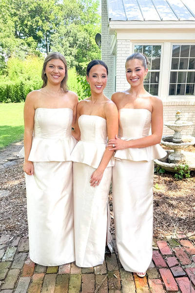 Strapless Ivory Ruffle Peplum Column Bridesmaid Dress