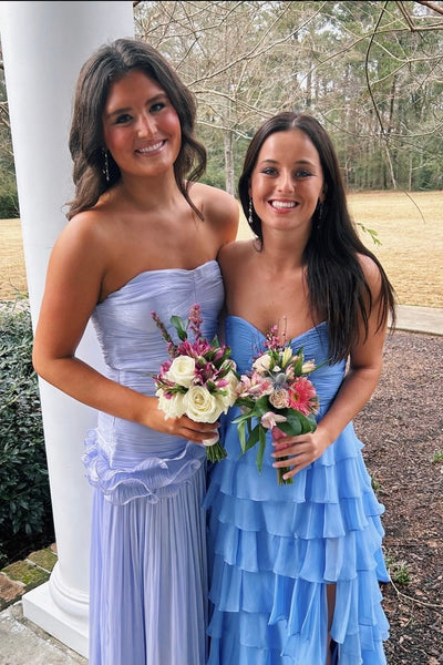 Strapless Lavender Pleated Ruffle Long Dress