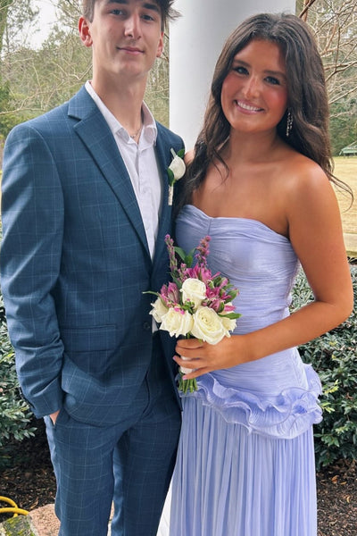 Strapless Lavender Pleated Ruffle Long Dress