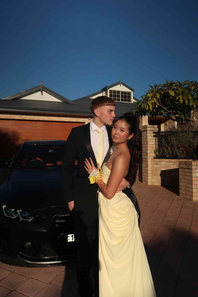 Strapless Lemon Column Long Dress with Pleated Draping