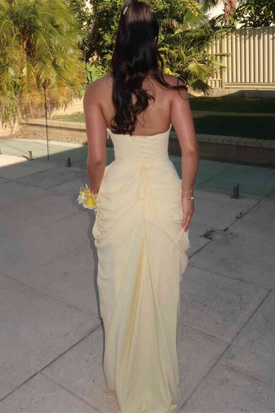 Strapless Lemon Column Long Dress with Pleated Draping