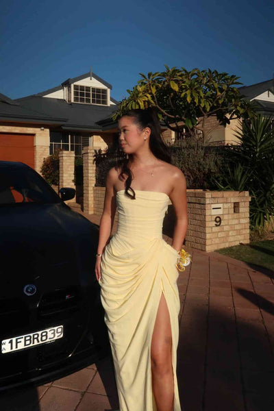 Strapless Lemon Column Long Dress with Pleated Draping