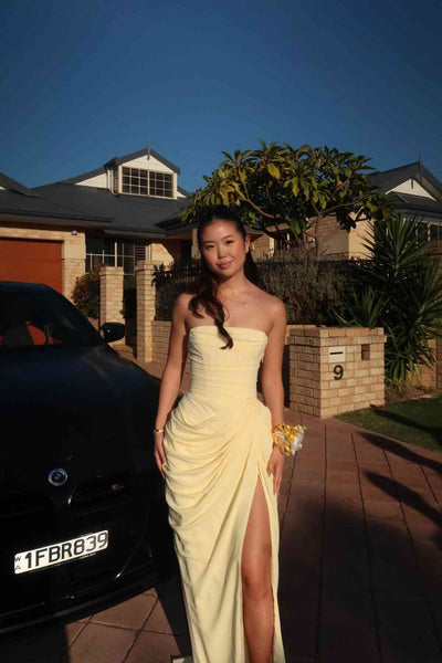 Strapless Lemon Column Long Dress with Pleated Draping