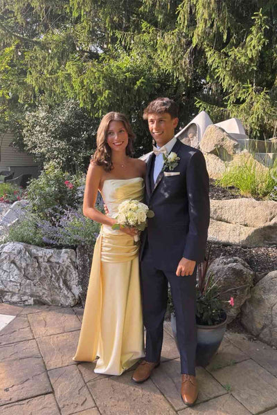Strapless Lemon Pleated Long Dress with Waist Tie