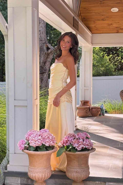 Strapless Lemon Pleated Long Dress with Waist Tie