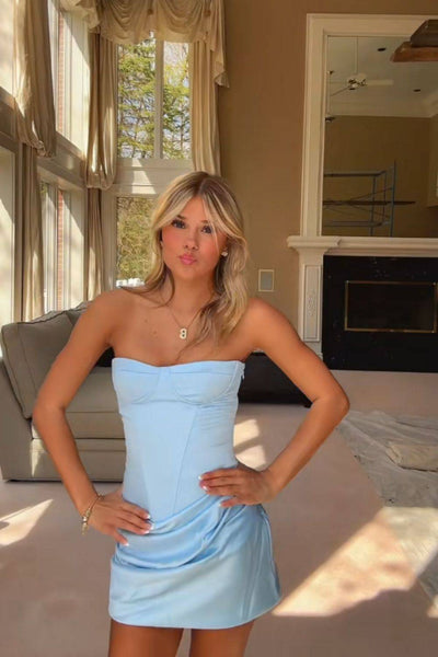 Strapless Light Blue Draped Short Dress with Cutout