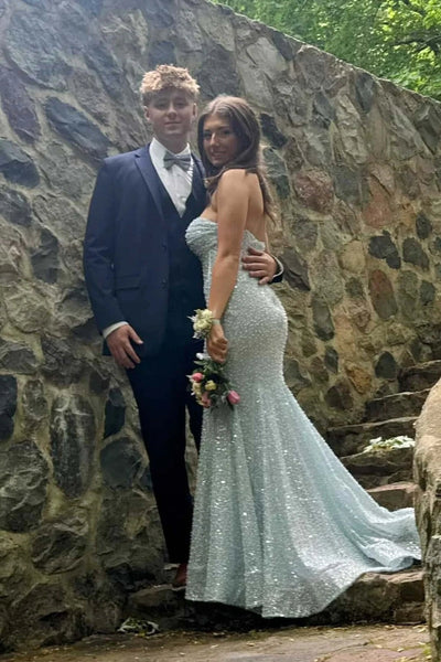Strapless Light Blue Gathered Long Dress with Beaded