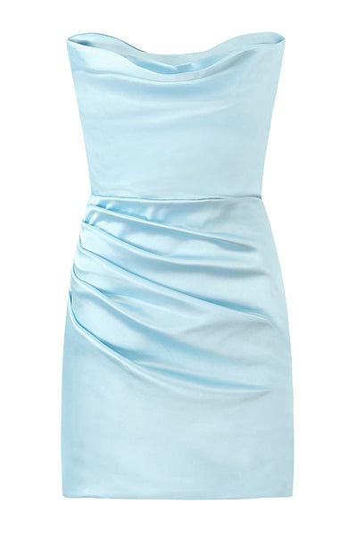 Strapless Light Blue Ruched Tight Short Dress