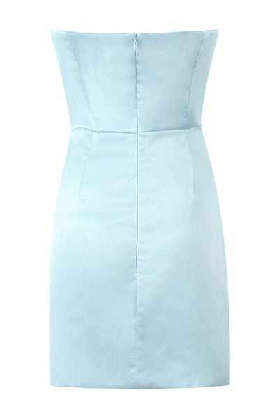 Strapless Light Blue Ruched Tight Short Dress