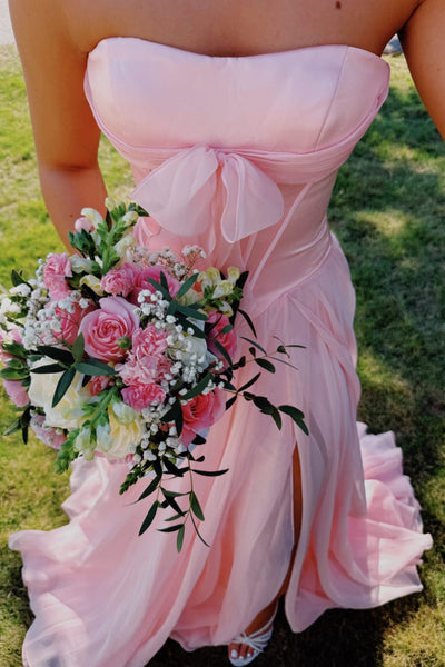 Strapless Light Pink Bow Front Long Dress with Slit