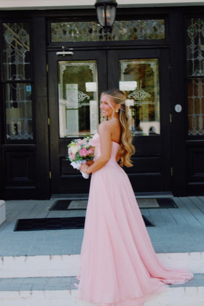 Strapless Light Pink Bow Front Long Dress with Slit