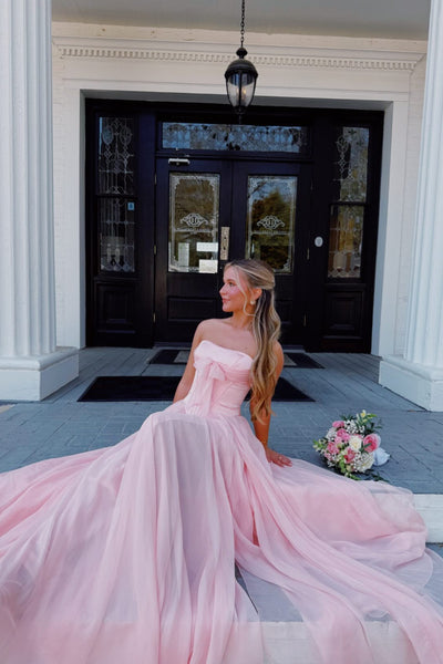 Strapless Light Pink Bow Front Long Dress with Slit
