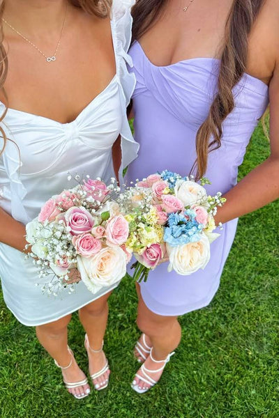 Strapless Lilac Pleated Bust Mini Dress