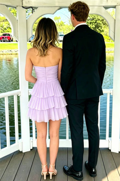 Strapless Lilac Pleated Tiered Short Dress