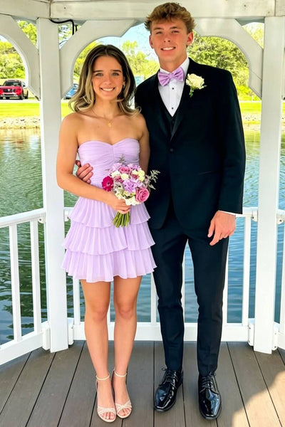 Strapless Lilac Pleated Tiered Short Dress