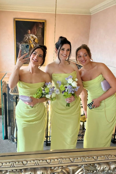 Strapless Lime Ruched Sheath Long Dress with Slit