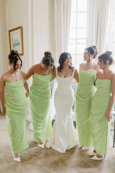 Strapless Lime Ruched Sheath Long Dress with Slit