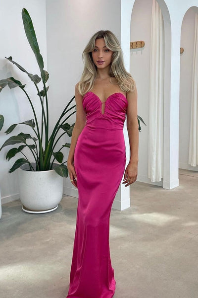 Strapless Magenta Ruched Long Dress with Cut-out