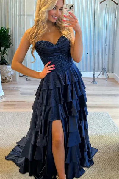 Strapless Navy Blue Tiered Long Dress with Slit