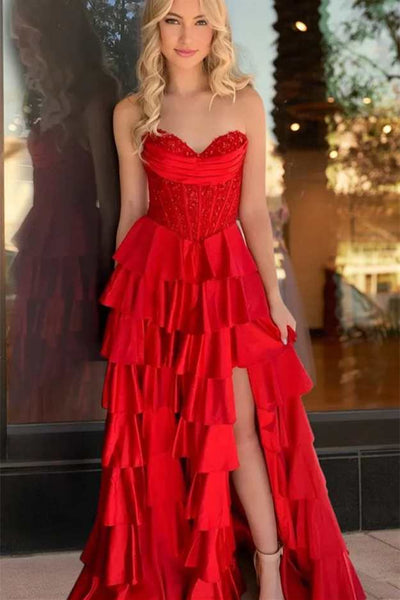 Strapless Navy Blue Tiered Long Dress with Slit
