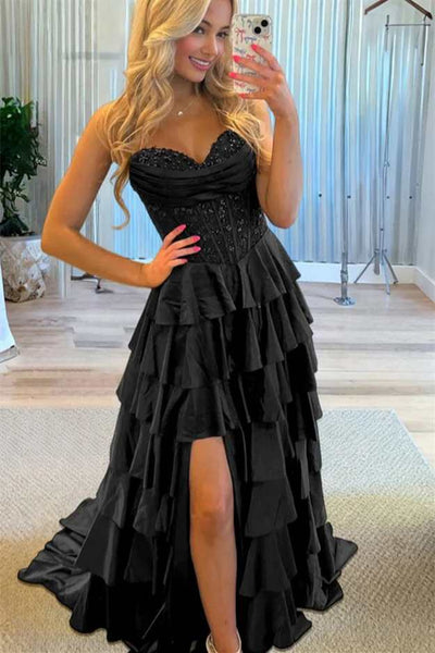 Strapless Navy Blue Tiered Long Dress with Slit