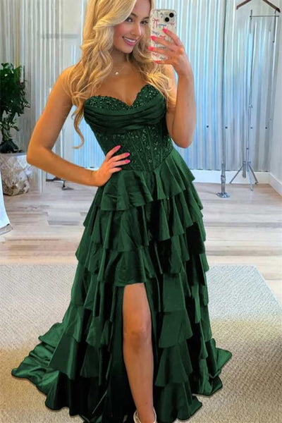 Strapless Navy Blue Tiered Long Dress with Slit