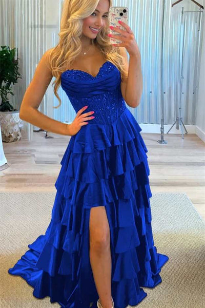 Strapless Navy Blue Tiered Long Dress with Slit