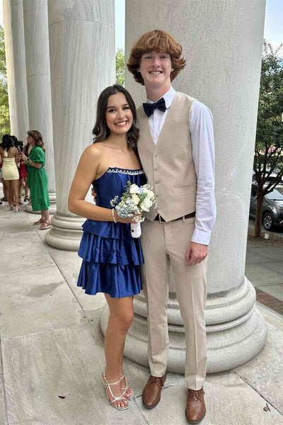 Strapless Navy Blue Tiered Short Dress with Beaded