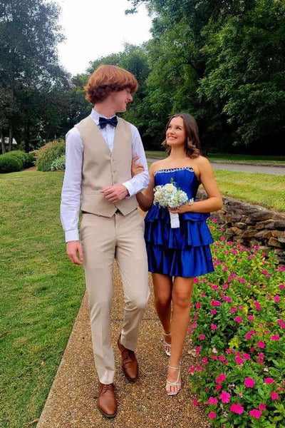 Strapless Navy Blue Tiered Short Dress with Beaded