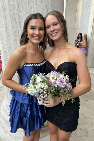 Strapless Navy Blue Tiered Short Dress with Beaded