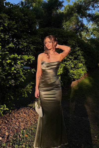 Strapless Olive Green Pleated Mermaid Long Dress