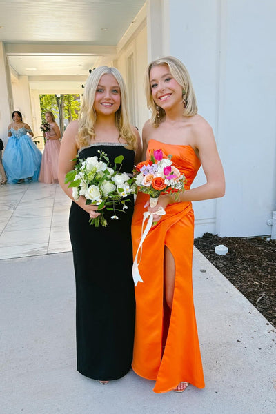 Strapless Orange Gathered Long Dress with Slit
