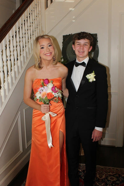 Strapless Orange Gathered Long Dress with Slit