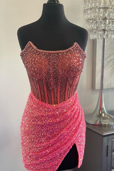 Strapless Gold Beaded Sequin Bodycon Short Dress