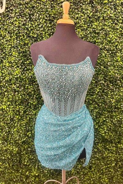 Strapless Gold Beaded Sequin Bodycon Short Dress