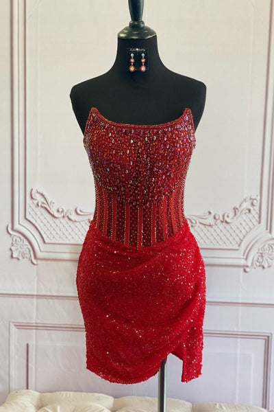 Strapless Gold Beaded Sequin Bodycon Short Dress