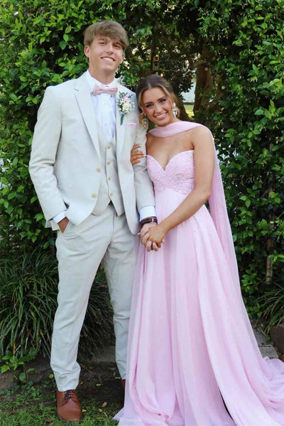 Strapless Pink Appliques Long Dress with Scarf