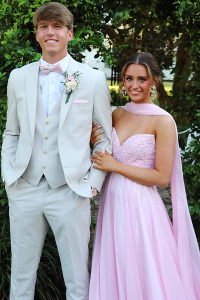 Strapless Pink Appliques Long Dress with Scarf