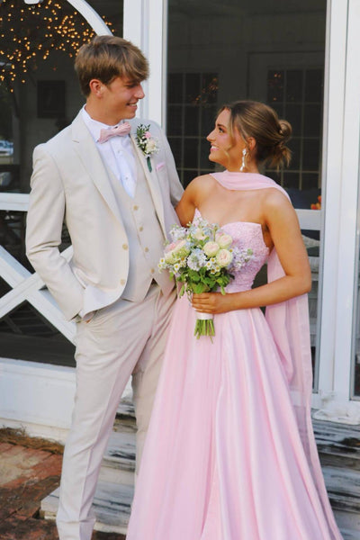 Strapless Pink Appliques Long Dress with Scarf