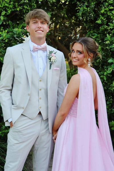 Strapless Pink Appliques Long Dress with Scarf