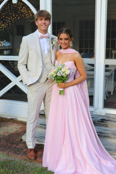 Strapless Pink Appliques Long Dress with Scarf