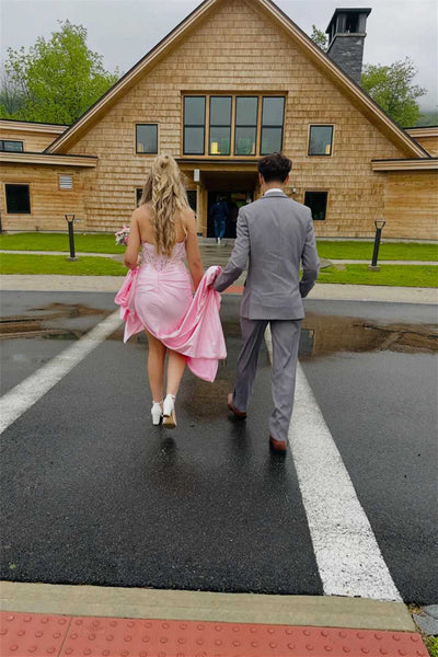 Strapless Pink Appliques Long Dress with Side Train