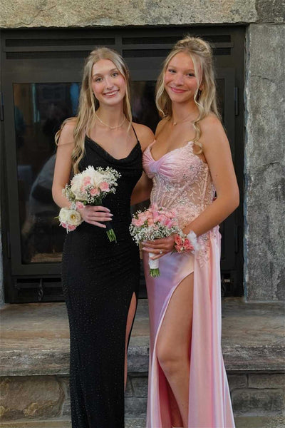 Strapless Pink Appliques Long Dress with Side Train