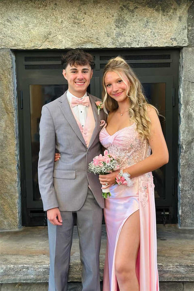 Strapless Pink Appliques Long Dress with Side Train