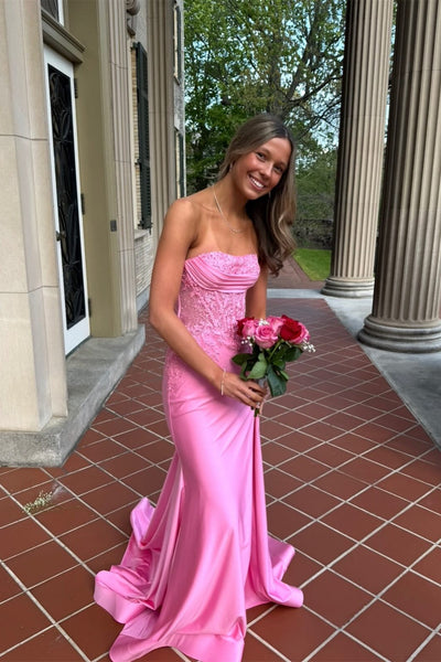 Strapless Pink Appliques Mermaid Long Dress
