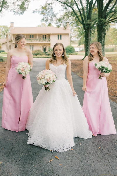 Strapless Pink Back Bow Bridesmaid Dress with Slit